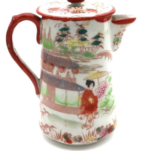 Antique Hand Painted Porcelain Japanese Teapot Circa 1900s Unmarked Geisha Lands - Picture 4 of 10